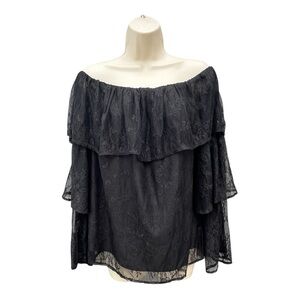 Lucky Brand Black Off Shoulder Ruffle Lace Boho Peasant Bell Sleeve Top Size Med